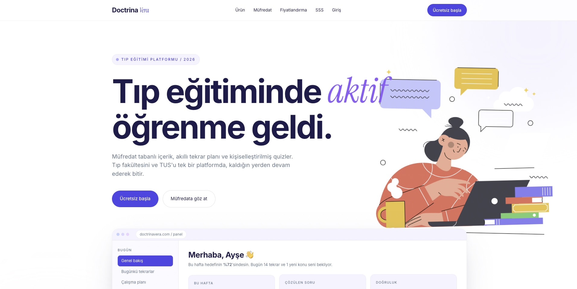 Doctrina Vera landing — indigo 'active learning' headline over a playful illustration and a product dashboard preview