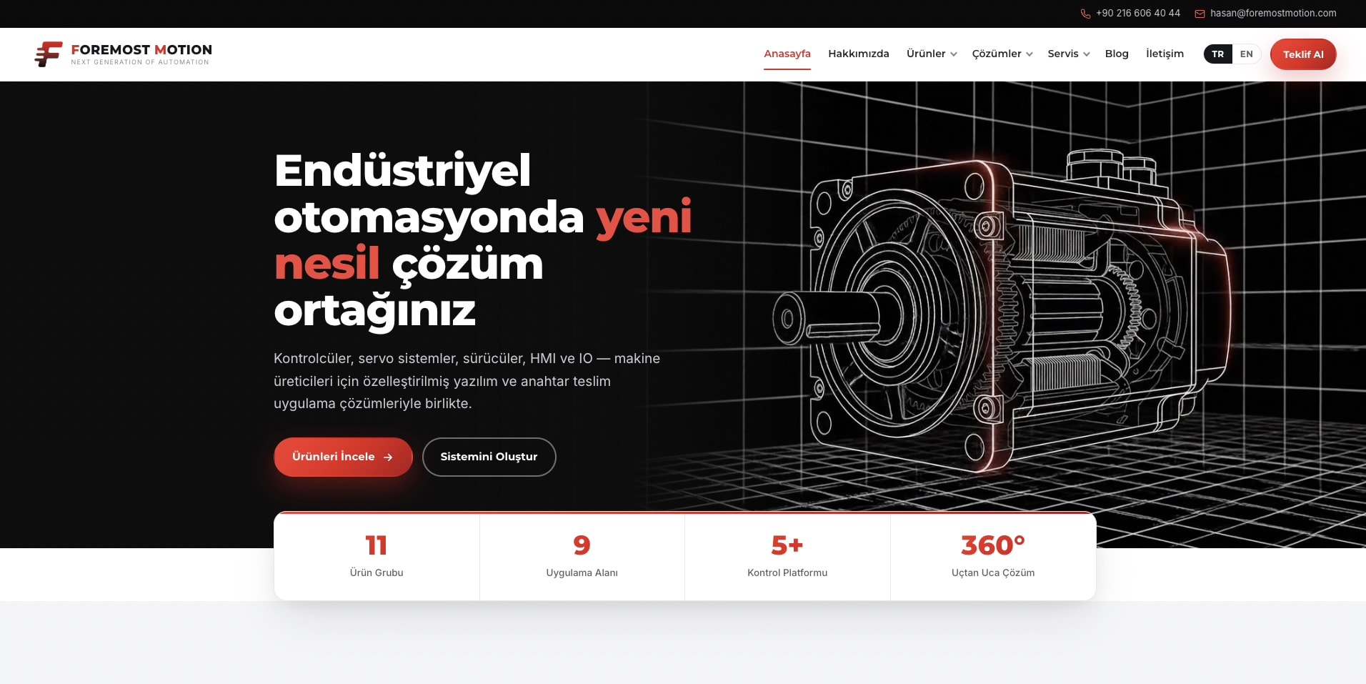 Foremost Motion website hero — red wireframe servo motor illustration on black