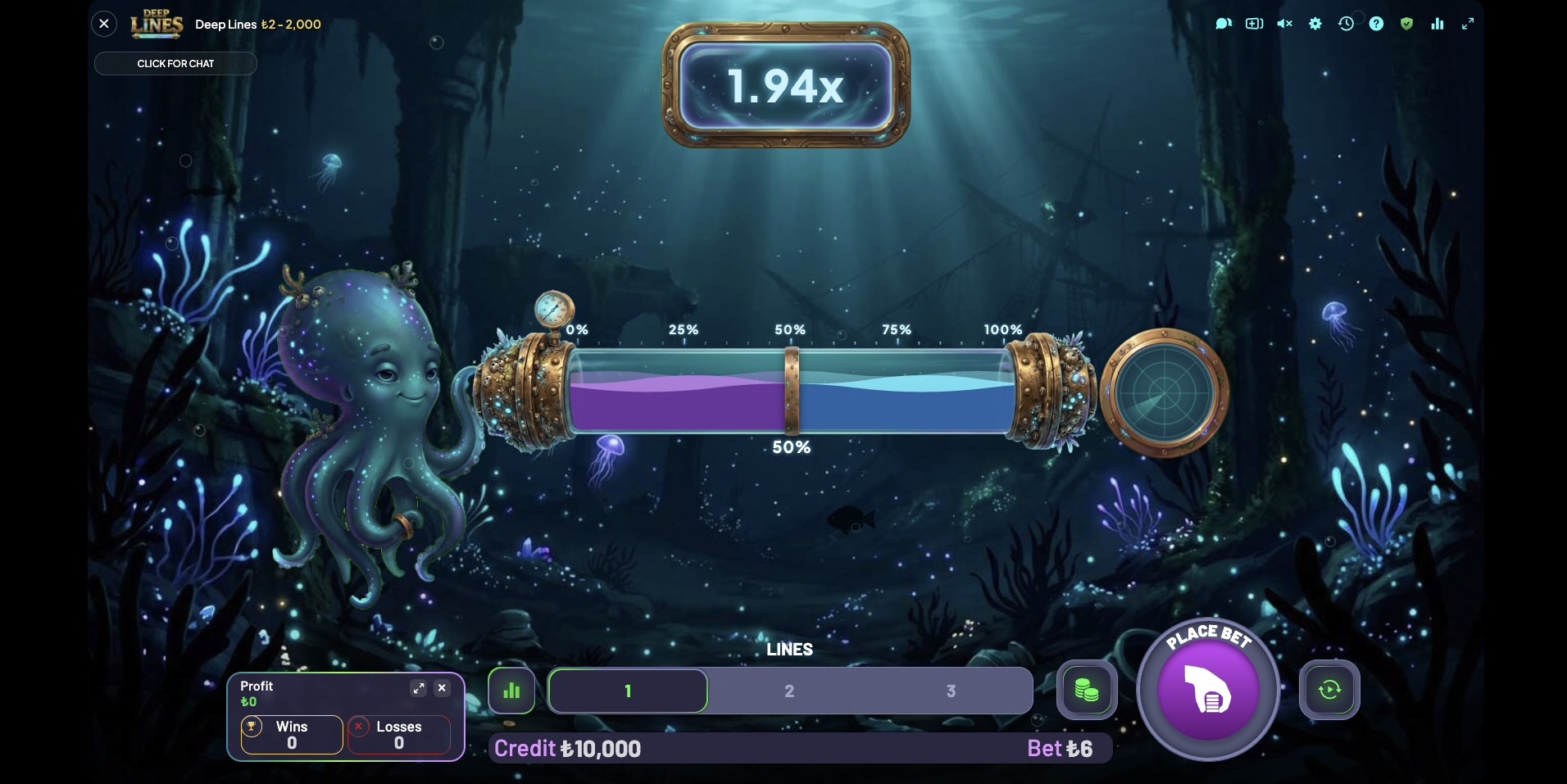 Deep Lines in-game screen — a bioluminescent octopus beside a brass pressure tube on the ocean floor