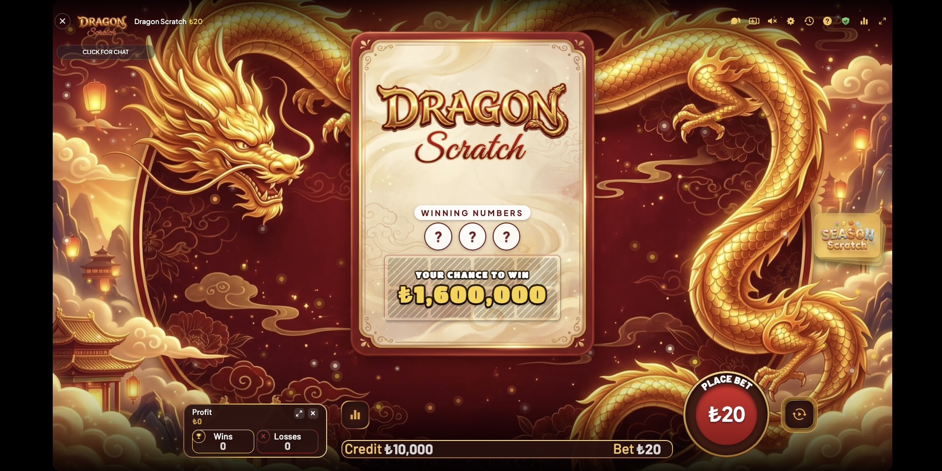 Dragon Scratch in-game screen — a golden dragon coiled around a scratch card on deep red