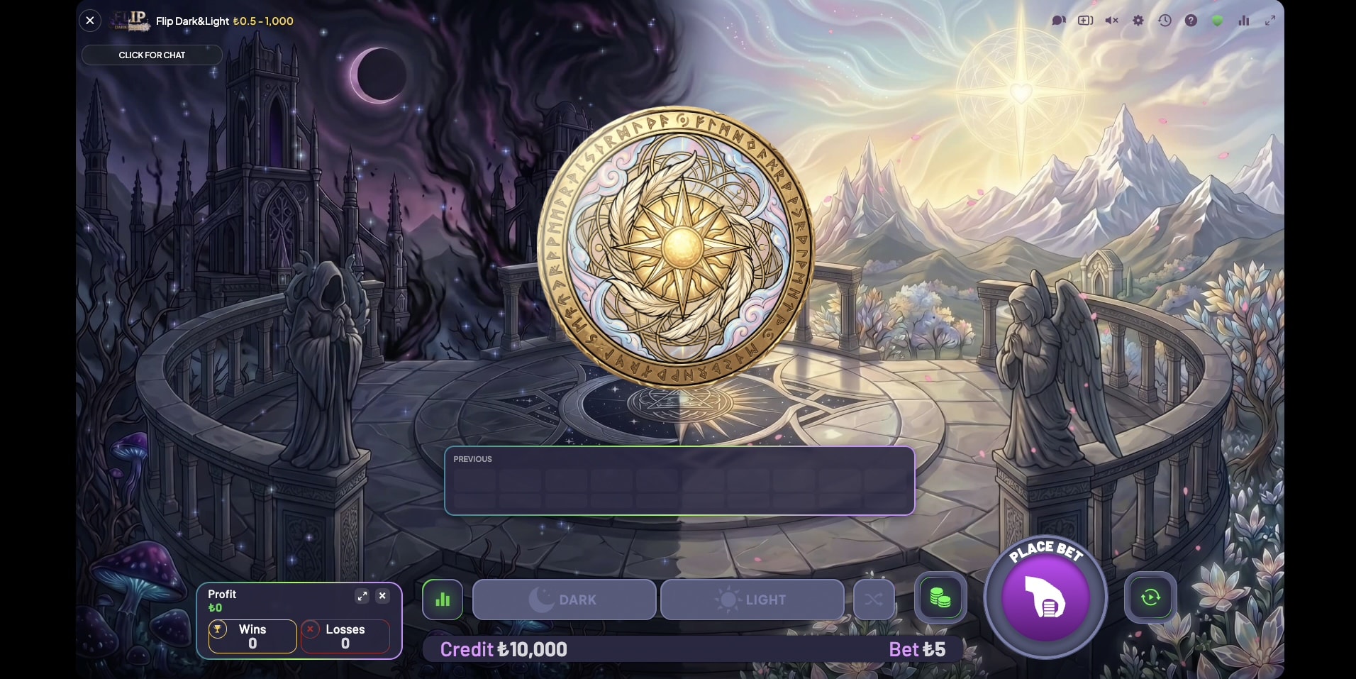 Flip Dark & Light in-game screen — an ornate coin floating between a dark gothic realm and a bright celestial one