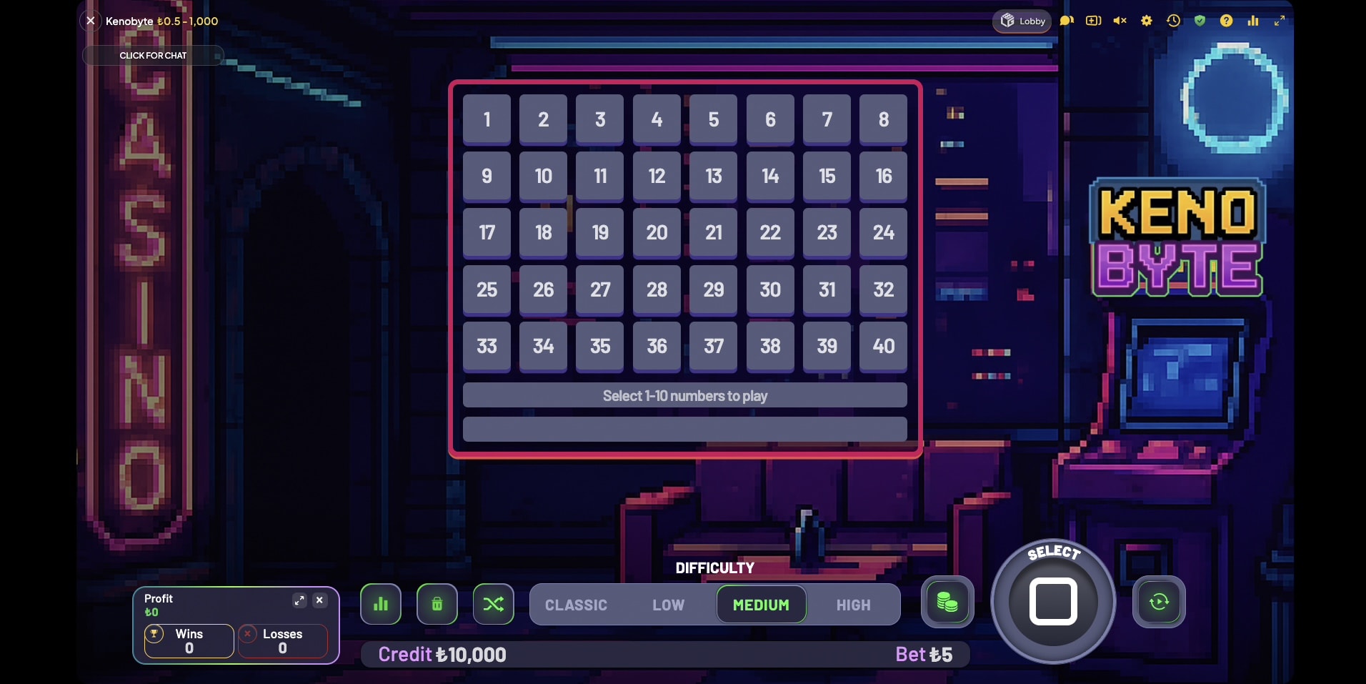 Kenobyte in-game screen — a pixel-art neon arcade with a 40-number keno board