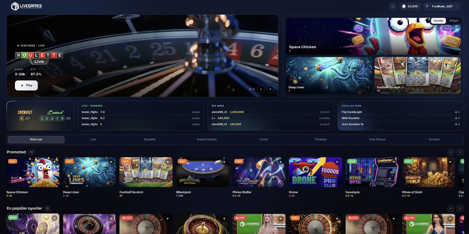 LiveGames lobby — dark UI with a featured live game hero, jackpot tickers and rails of game cards